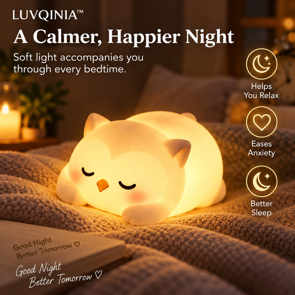 𝑳𝑼𝑽𝑸𝑰𝑵𝑰𝑨™ Bookkeeper Owl LED Night Light – Cute Owl Bedside Reading Lamp, Rechargeable Animal Desk Light, Warm & Soft White Touch Table Lamp