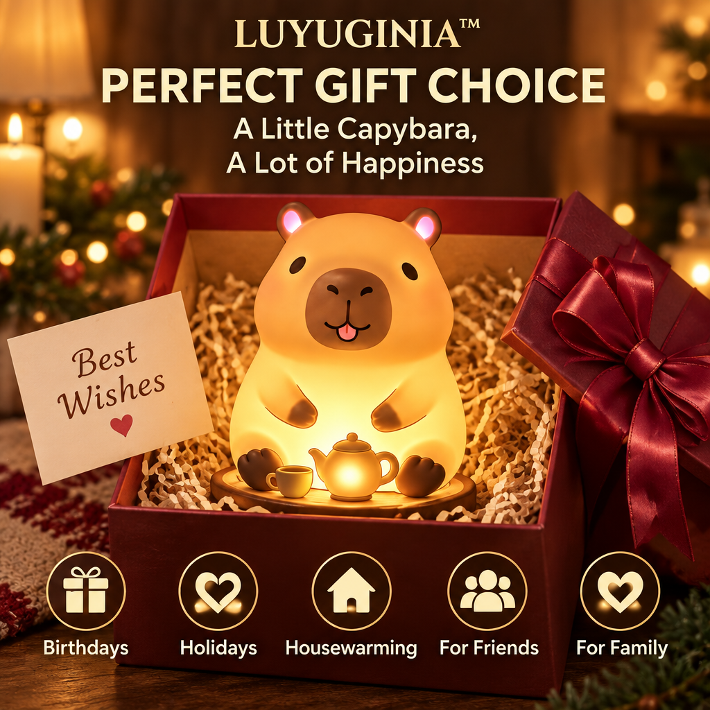 𝑳𝑼𝑽𝑸𝑰𝑵𝑰𝑨™ Capybara Tea Time LED Night Light – Cute Capybara Bedside Lamp, Rechargeable Animal Night Light, Warm & Soft White Touch Table Lamp