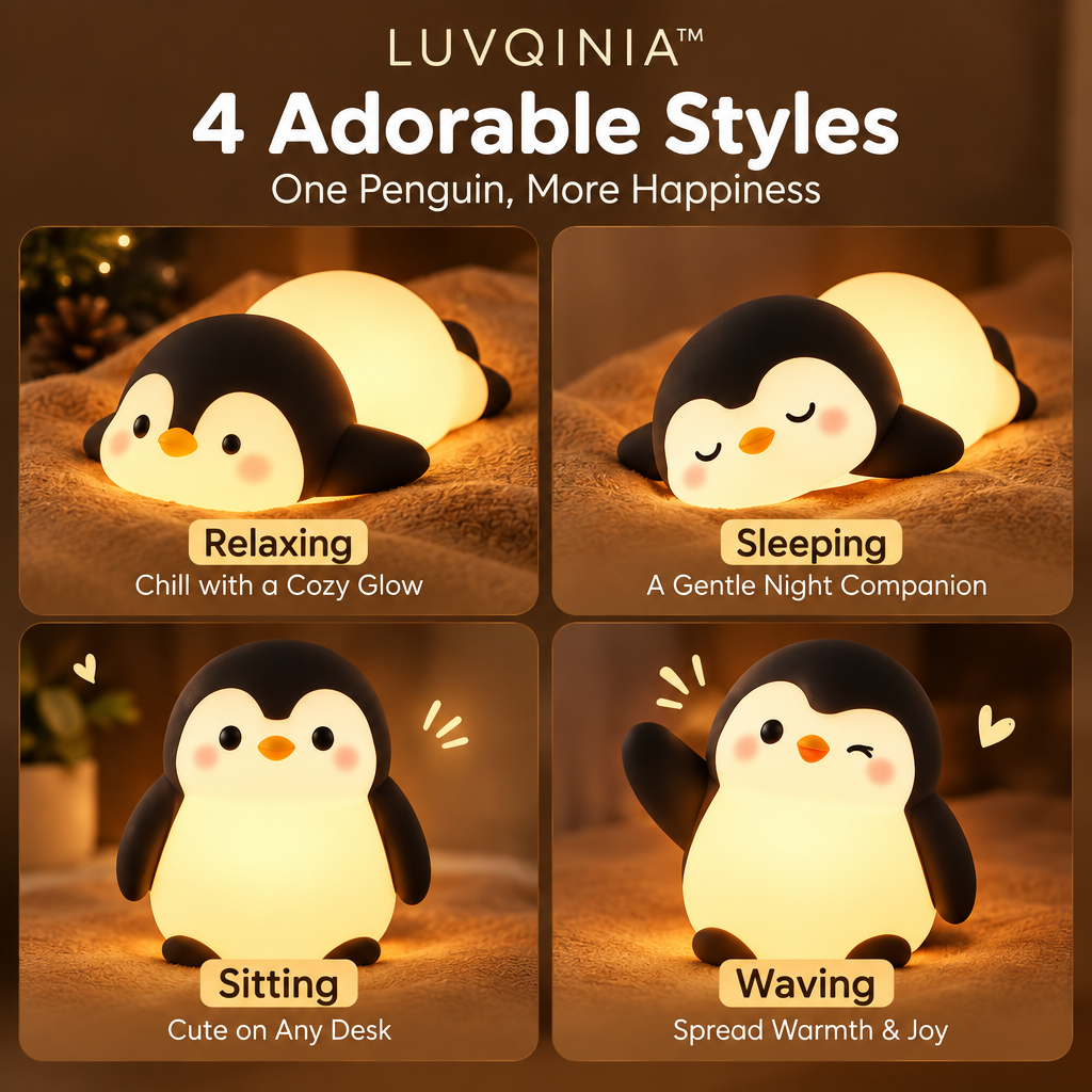 𝑳𝑼𝑽𝑸𝑰𝑵𝑰𝑨™ Snowball Penguin LED Night Light – Cute Penguin Bedside Lamp, USB-C Rechargeable Animal Table Light, Warm & Soft White Touch LED Lamp