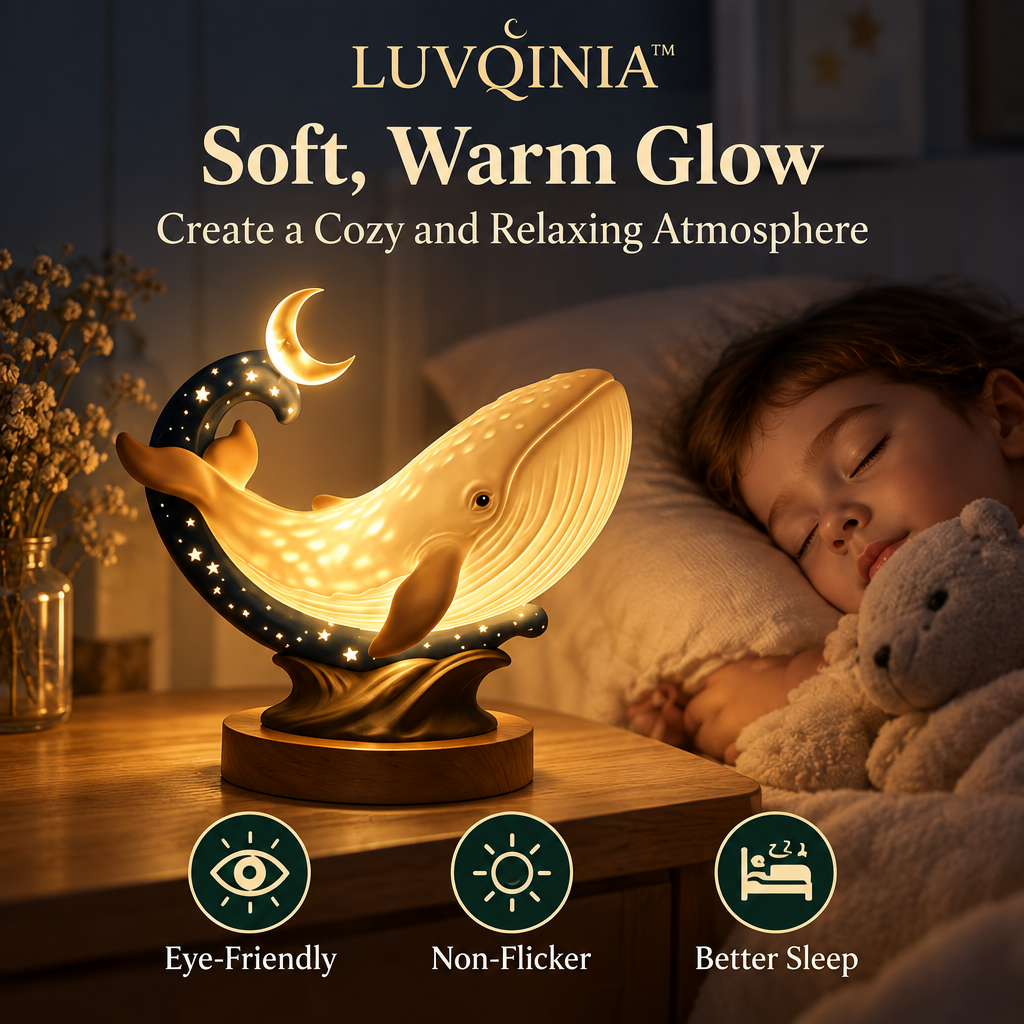 𝑳𝑼𝑽𝑸𝑰𝑵𝑰𝑨™ Moonwhale LED Night Light – Cute Whale Bedside Lamp, Rechargeable Animal Table Light, Warm & Soft White Touch Lamp