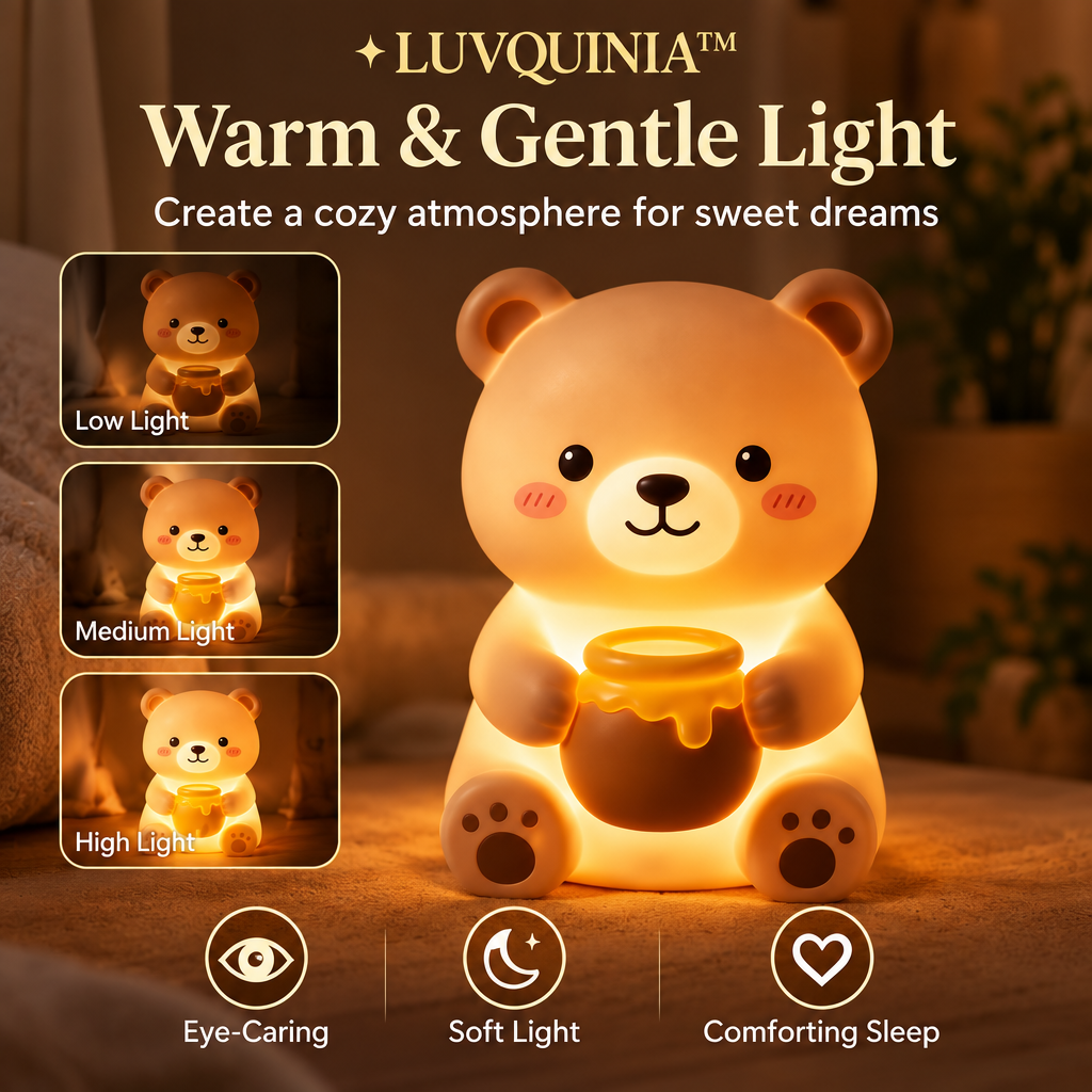 𝑳𝑼𝑽𝑸𝑰𝑵𝑰𝑨™ Honey-Pot Bear LED Night Light – Cute Bear Bedside Table Lamp, Rechargeable Touch Animal Light, Warm & Soft White LED Lamp