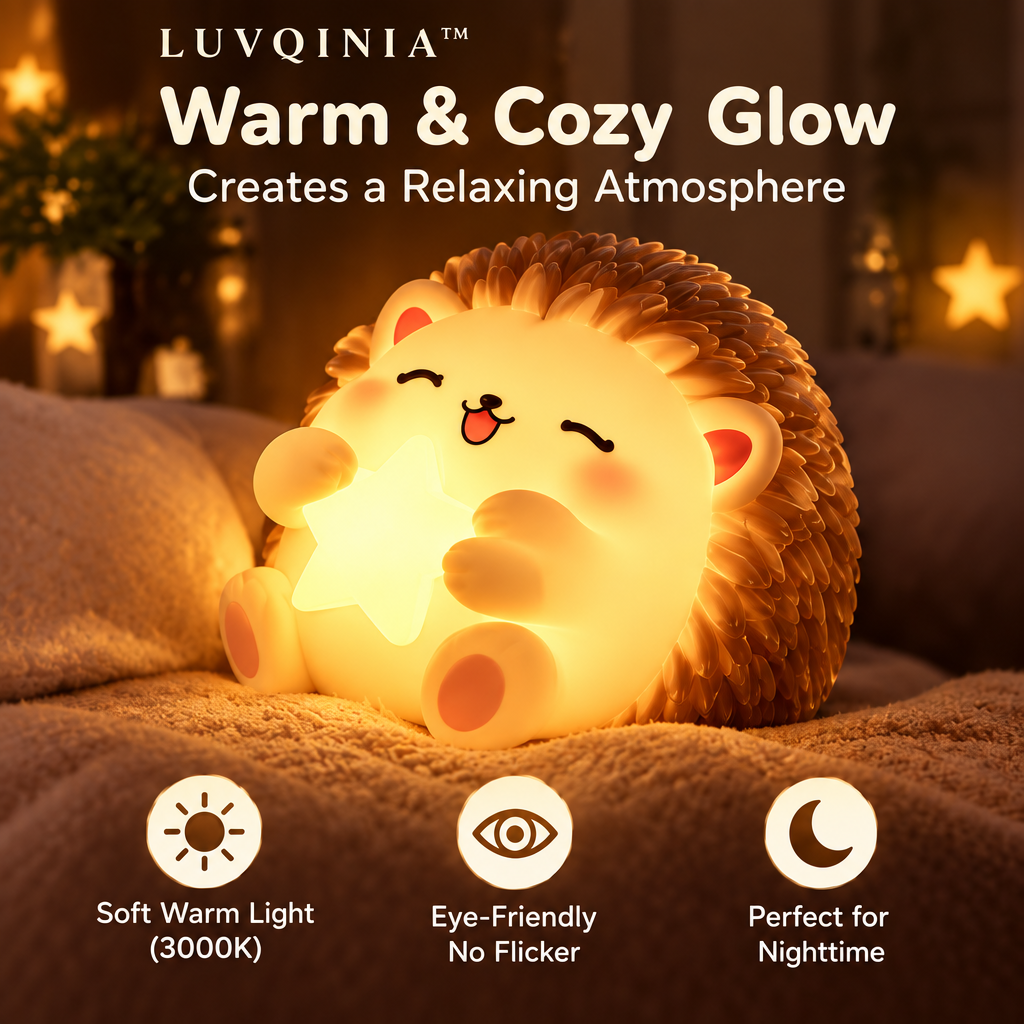 𝑳𝑼𝑽𝑸𝑰𝑵𝑰𝑨™ Acorn Hedgehog LED Night Light – Cute Woodland Animal Bedside Lamp, Rechargeable Touch Table Light, Warm & Soft White LED Lamp