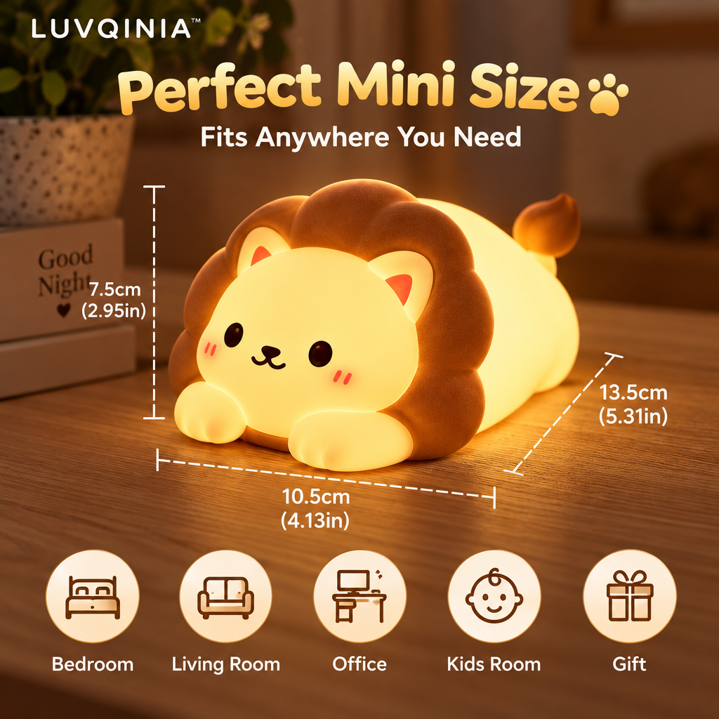 𝑳𝑼𝑽𝑸𝑰𝑵𝑰𝑨™ Sunmane Lion LED Night Light – Cute Lion Bedside Table Lamp, Rechargeable Animal Desk Light, Warm & Soft White Touch LED Lamp