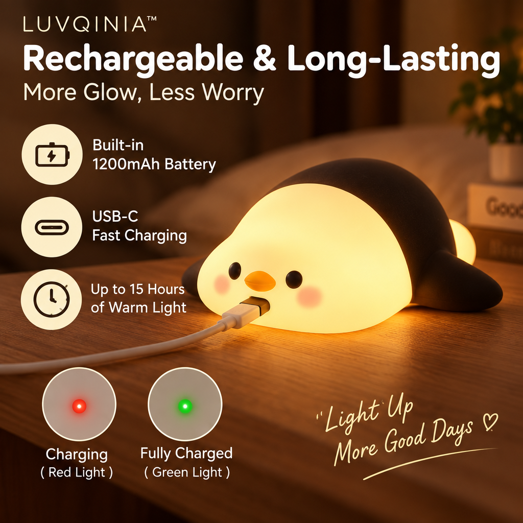𝑳𝑼𝑽𝑸𝑰𝑵𝑰𝑨™ Snowball Penguin LED Night Light – Cute Penguin Bedside Lamp, USB-C Rechargeable Animal Table Light, Warm & Soft White Touch LED Lamp