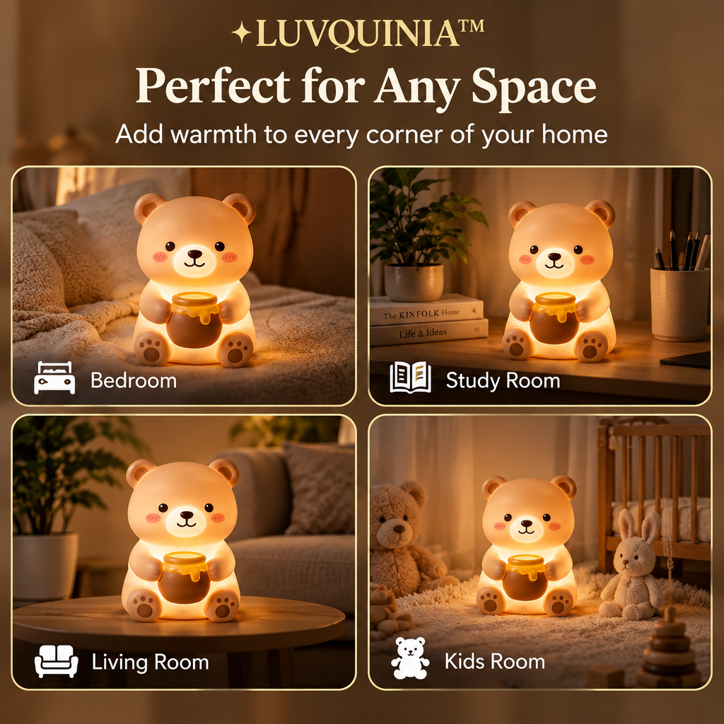 𝑳𝑼𝑽𝑸𝑰𝑵𝑰𝑨™ Honey-Pot Bear LED Night Light – Cute Bear Bedside Table Lamp, Rechargeable Touch Animal Light, Warm & Soft White LED Lamp