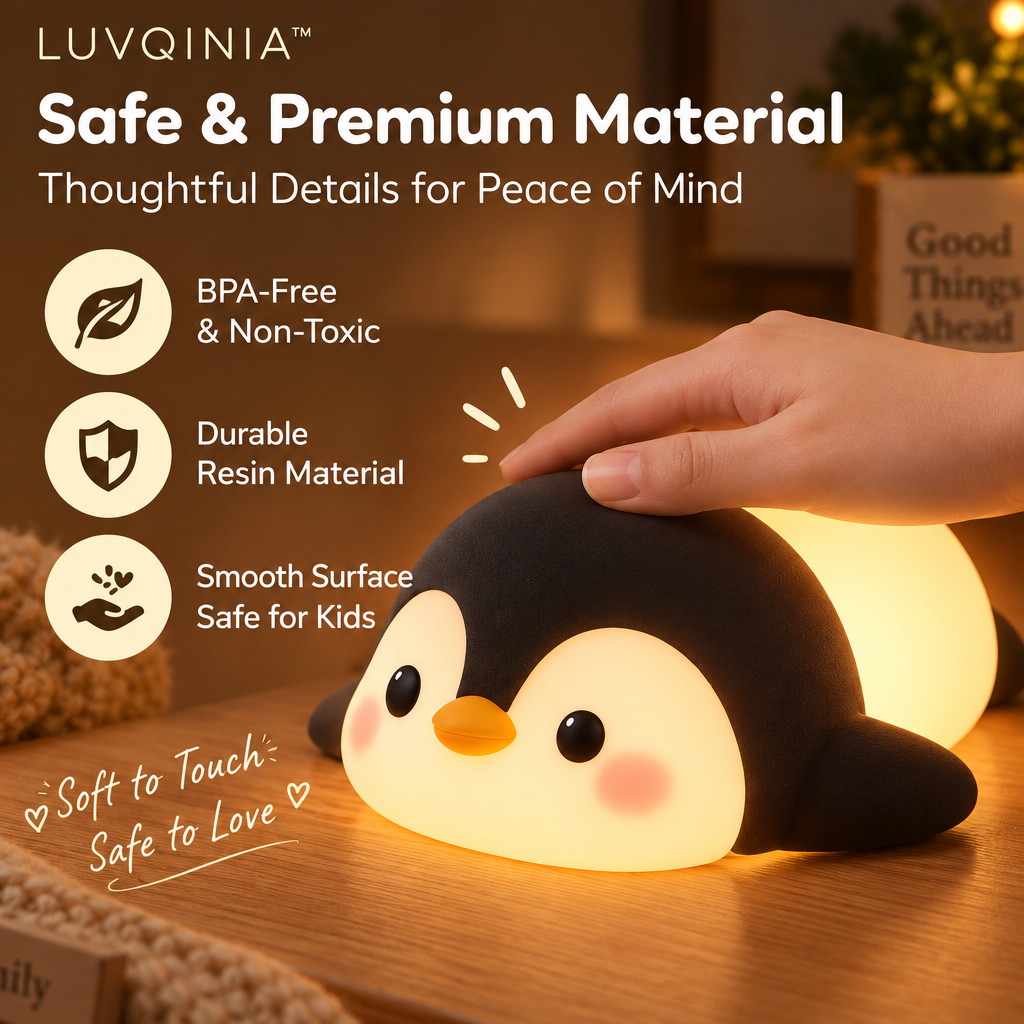 𝑳𝑼𝑽𝑸𝑰𝑵𝑰𝑨™ Snowball Penguin LED Night Light – Cute Penguin Bedside Lamp, USB-C Rechargeable Animal Table Light, Warm & Soft White Touch LED Lamp