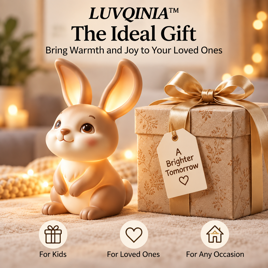 𝑳𝑼𝑽𝑸𝑰𝑵𝑰𝑨™ Moon-Ear Bunny LED Night Light – Cute Rabbit Bedside Lamp, USB-C Rechargeable Animal Night Light, Warm & Soft White Touch Table Lamp