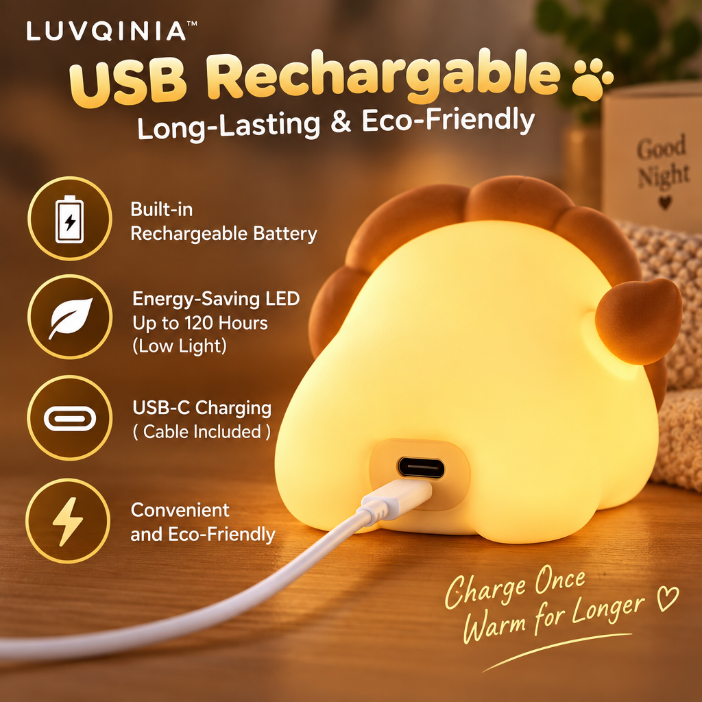 𝑳𝑼𝑽𝑸𝑰𝑵𝑰𝑨™ Sunmane Lion LED Night Light – Cute Lion Bedside Table Lamp, Rechargeable Animal Desk Light, Warm & Soft White Touch LED Lamp
