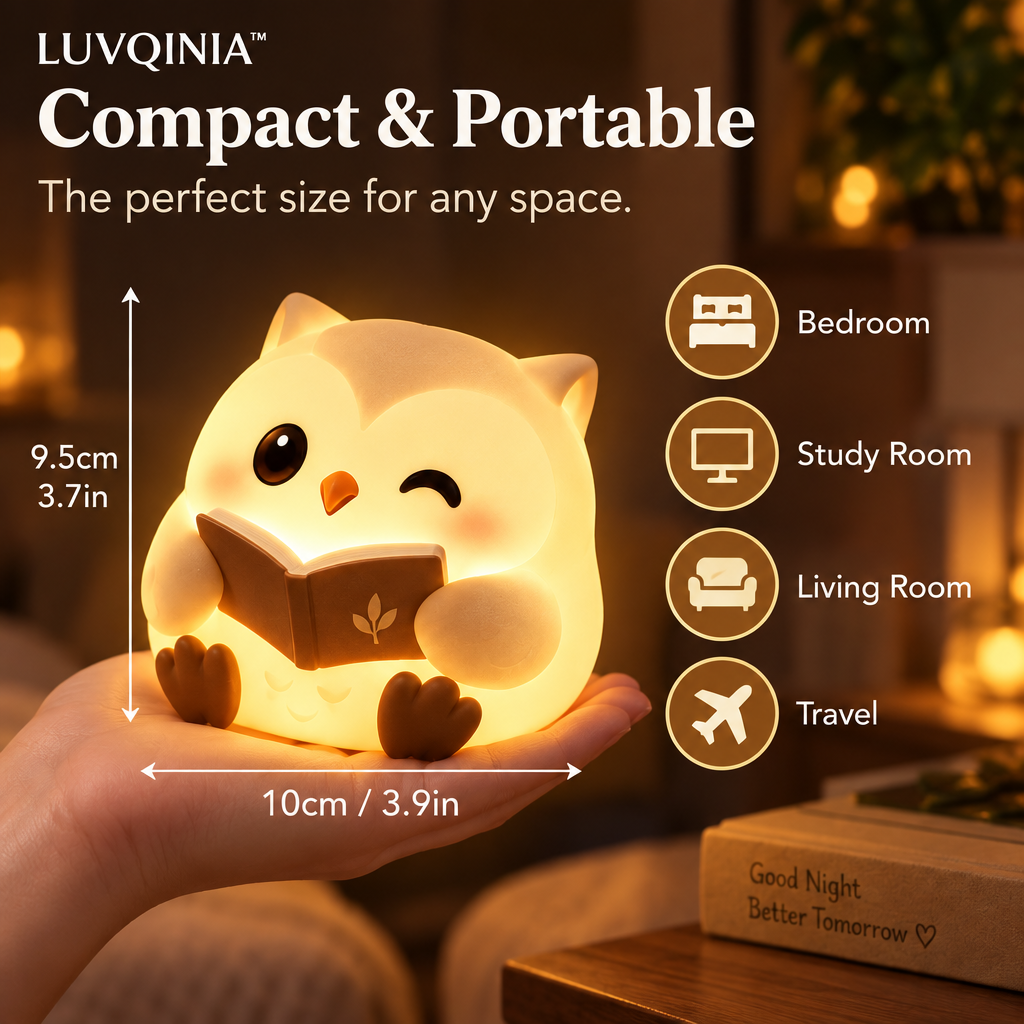 𝑳𝑼𝑽𝑸𝑰𝑵𝑰𝑨™ Bookkeeper Owl LED Night Light – Cute Owl Bedside Reading Lamp, Rechargeable Animal Desk Light, Warm & Soft White Touch Table Lamp