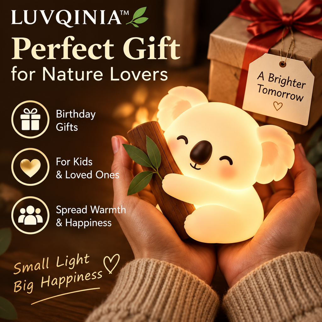 𝑳𝑼𝑽𝑸𝑰𝑵𝑰𝑨™ Eucalyptus Koala LED Night Light – Cute Koala Bedside Table Lamp, USB-C Rechargeable Animal Light, Warm & Soft White Touch Lamp