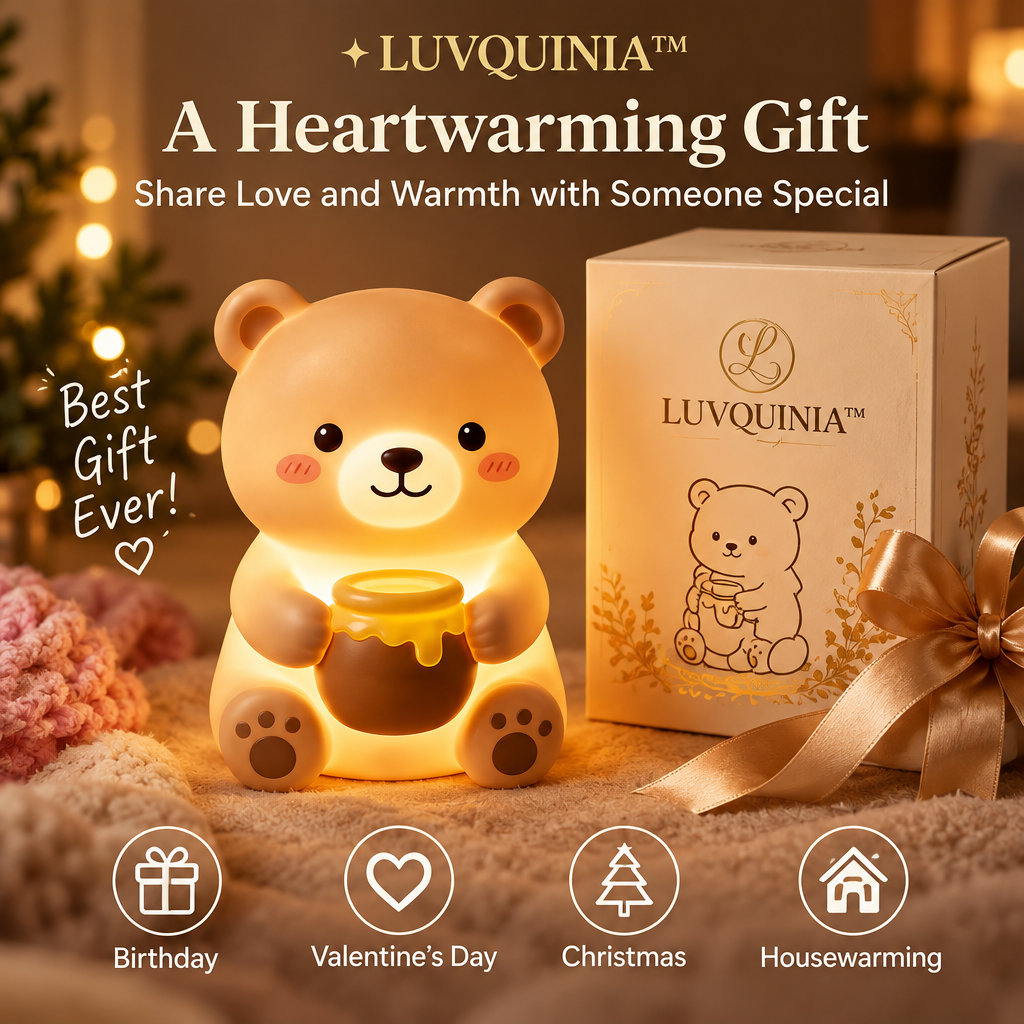 𝑳𝑼𝑽𝑸𝑰𝑵𝑰𝑨™ Honey-Pot Bear LED Night Light – Cute Bear Bedside Table Lamp, Rechargeable Touch Animal Light, Warm & Soft White LED Lamp