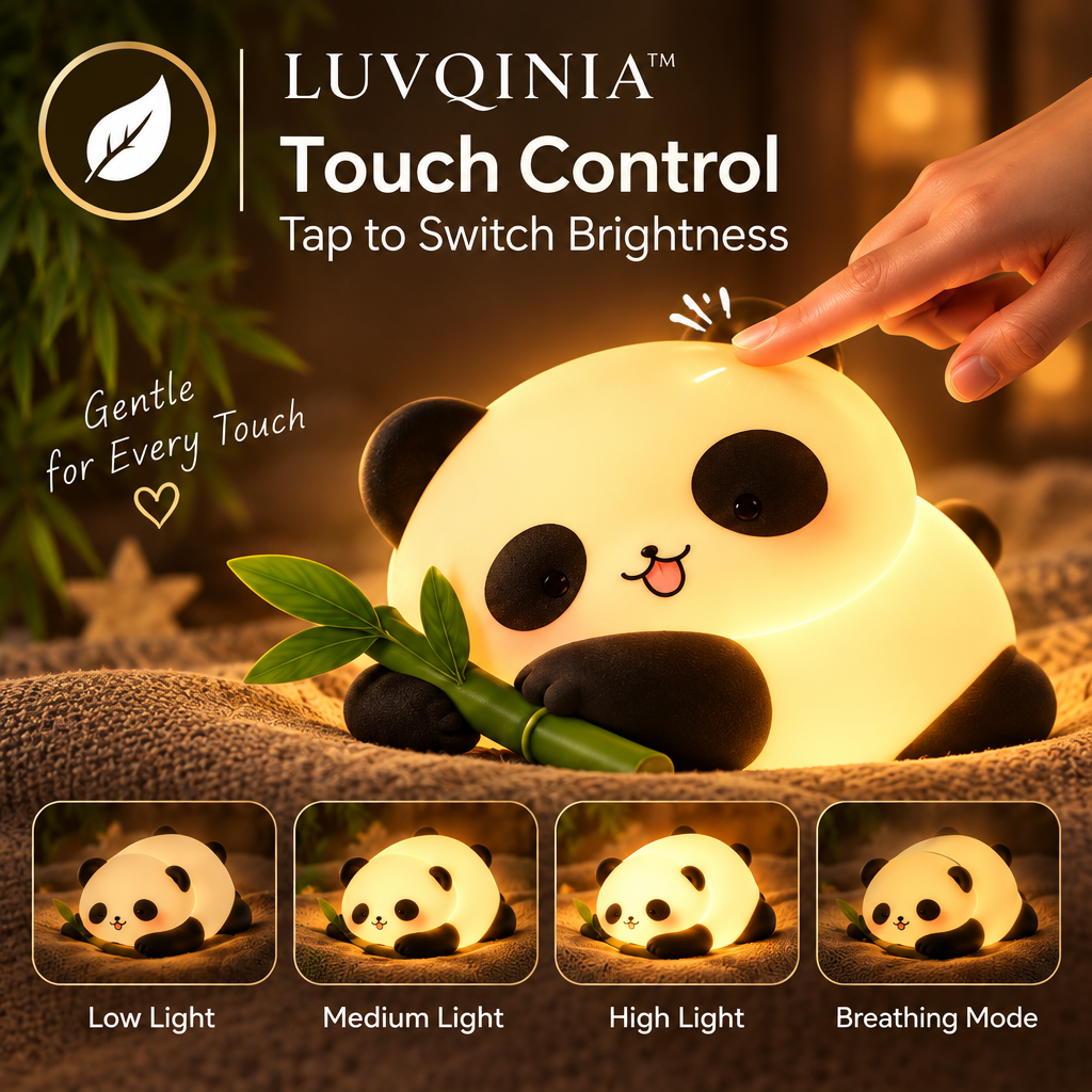 𝑳𝑼𝑽𝑸𝑰𝑵𝑰𝑨™ Bamboo Moon Panda LED Night Light – Cute Panda Bedside Table Lamp, USB-C Rechargeable Touch Animal Light, Warm & Soft White Lamp