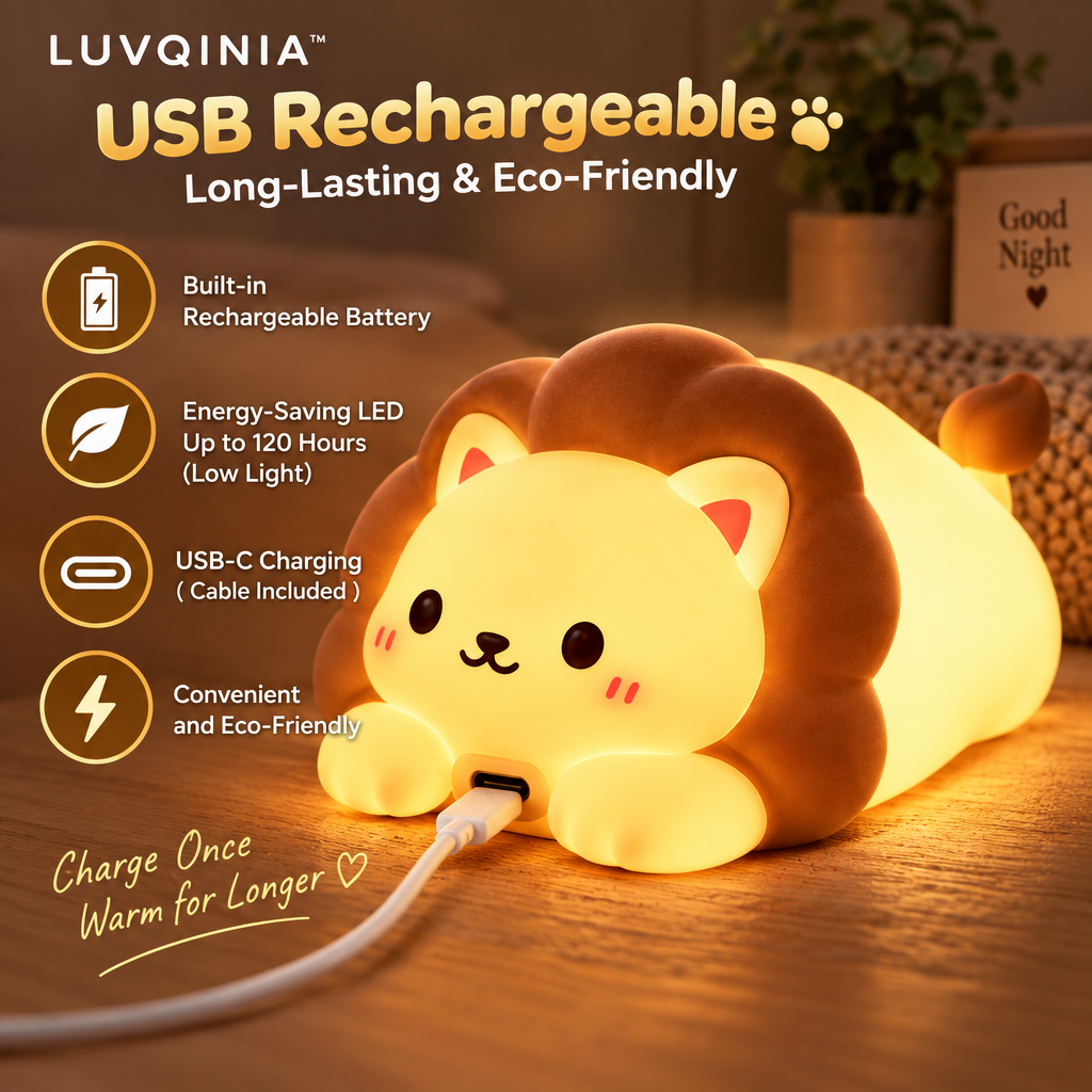 𝑳𝑼𝑽𝑸𝑰𝑵𝑰𝑨™ Sunmane Lion LED Night Light – Cute Lion Bedside Table Lamp, Rechargeable Animal Desk Light, Warm & Soft White Touch LED Lamp