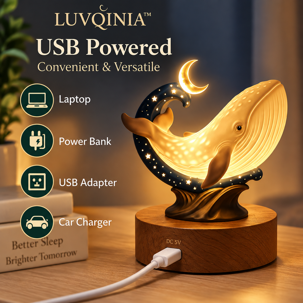 𝑳𝑼𝑽𝑸𝑰𝑵𝑰𝑨™ Moonwhale LED Night Light – Cute Whale Bedside Lamp, Rechargeable Animal Table Light, Warm & Soft White Touch Lamp