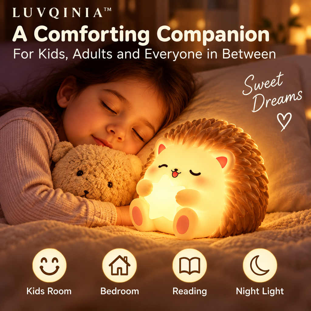 𝑳𝑼𝑽𝑸𝑰𝑵𝑰𝑨™ Acorn Hedgehog LED Night Light – Cute Woodland Animal Bedside Lamp, Rechargeable Touch Table Light, Warm & Soft White LED Lamp