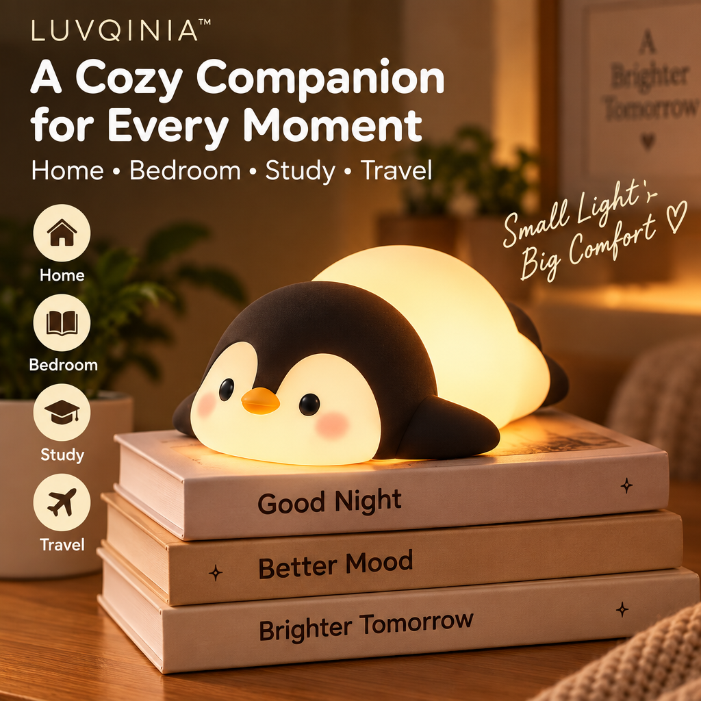𝑳𝑼𝑽𝑸𝑰𝑵𝑰𝑨™ Snowball Penguin LED Night Light – Cute Penguin Bedside Lamp, USB-C Rechargeable Animal Table Light, Warm & Soft White Touch LED Lamp
