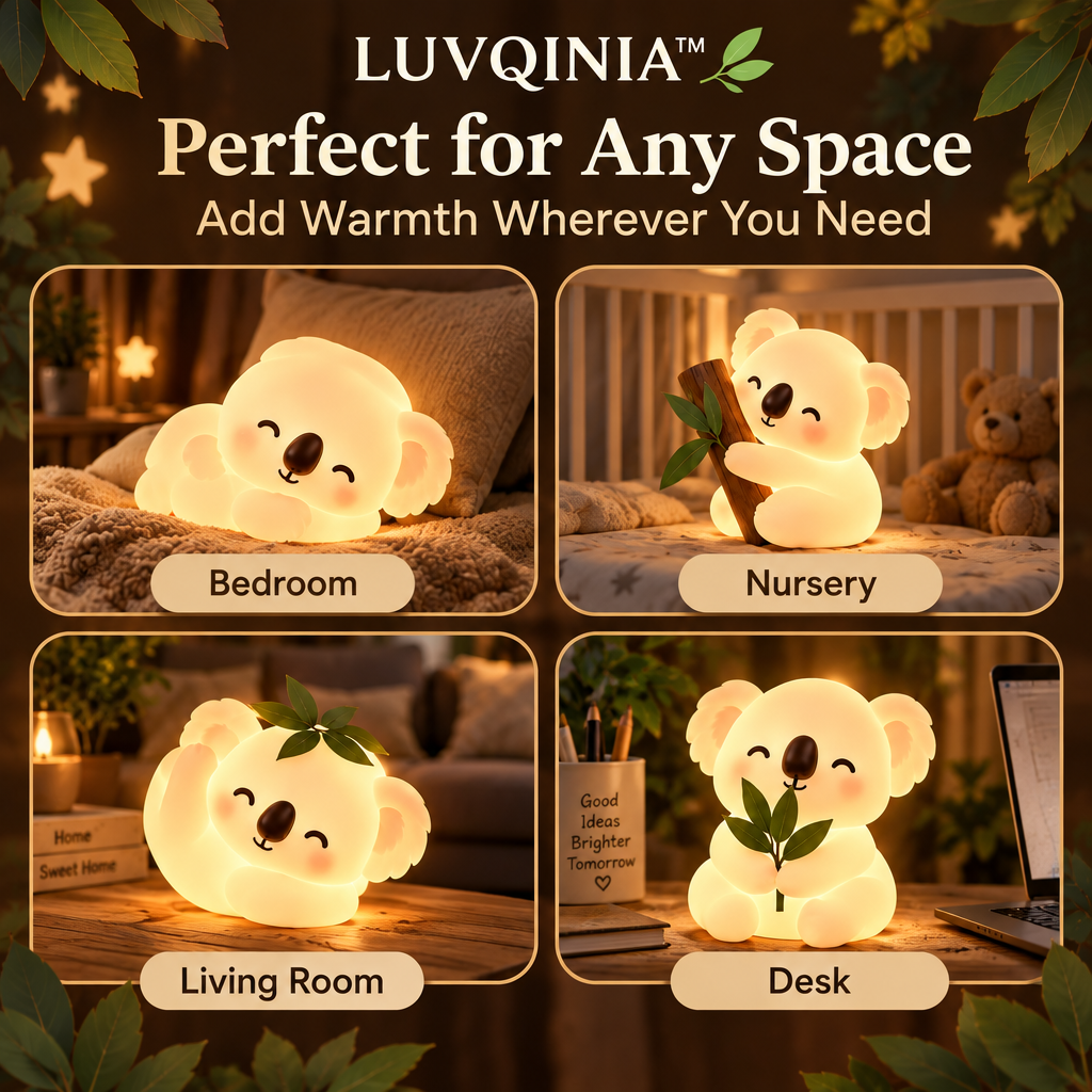 𝑳𝑼𝑽𝑸𝑰𝑵𝑰𝑨™ Eucalyptus Koala LED Night Light – Cute Koala Bedside Table Lamp, USB-C Rechargeable Animal Light, Warm & Soft White Touch Lamp