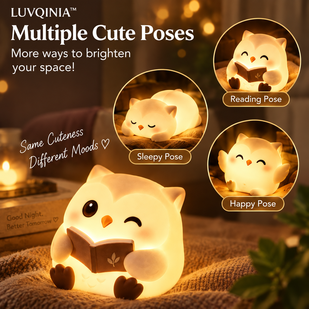 𝑳𝑼𝑽𝑸𝑰𝑵𝑰𝑨™ Bookkeeper Owl LED Night Light – Cute Owl Bedside Reading Lamp, Rechargeable Animal Desk Light, Warm & Soft White Touch Table Lamp