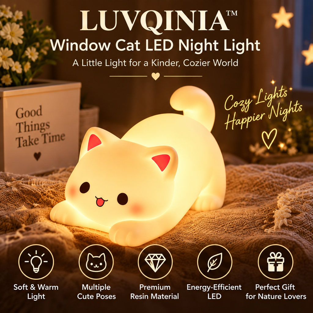 𝑳𝑼𝑽𝑸𝑰𝑵𝑰𝑨™ Window Cat LED Night Light – Cute Cat Bedside Lamp, USB-C Rechargeable Kitty Table Light, Warm & Soft White Touch Lamp