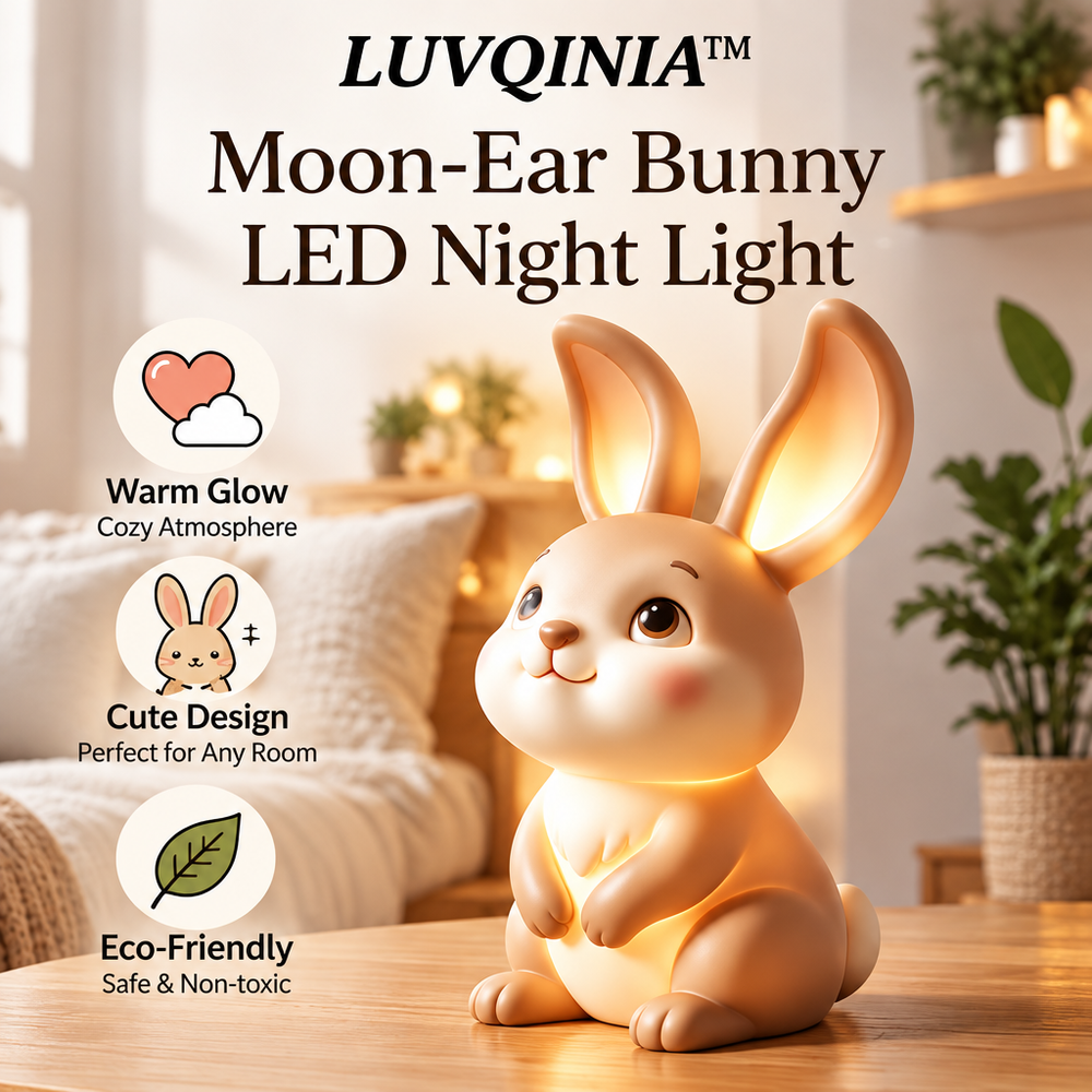 𝑳𝑼𝑽𝑸𝑰𝑵𝑰𝑨™ Moon-Ear Bunny LED Night Light – Cute Rabbit Bedside Lamp, USB-C Rechargeable Animal Night Light, Warm & Soft White Touch Table Lamp