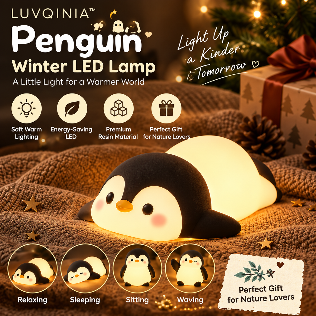 𝑳𝑼𝑽𝑸𝑰𝑵𝑰𝑨™ Snowball Penguin LED Night Light – Cute Penguin Bedside Lamp, USB-C Rechargeable Animal Table Light, Warm & Soft White Touch LED Lamp