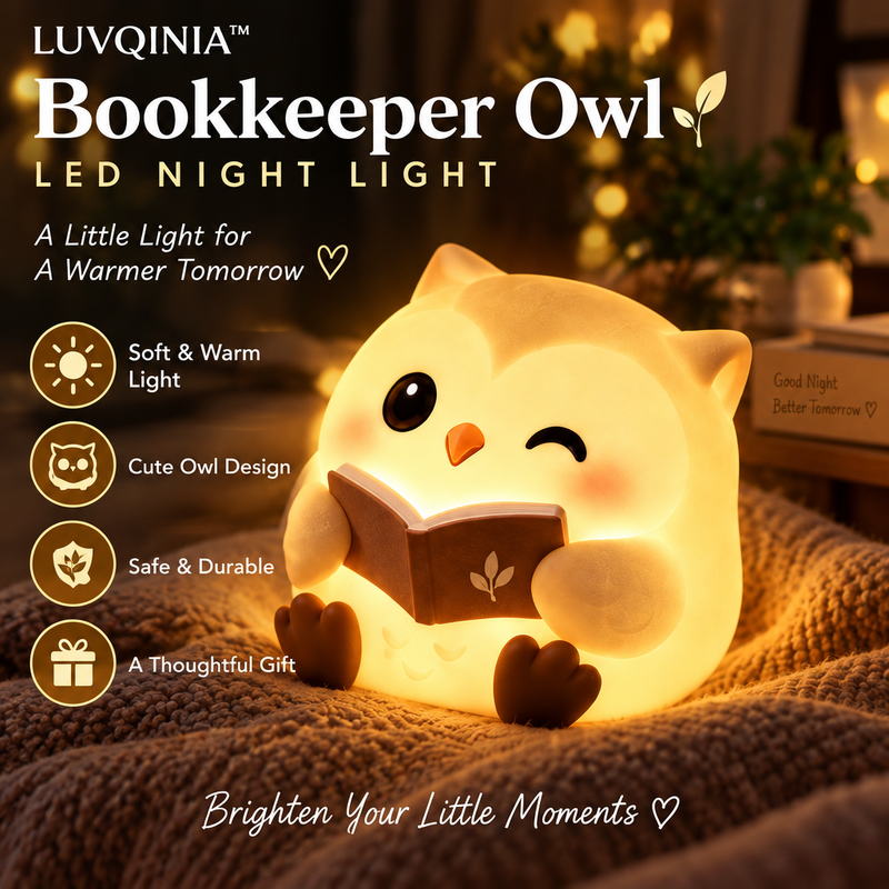 𝑳𝑼𝑽𝑸𝑰𝑵𝑰𝑨™ Bookkeeper Owl LED Night Light – Cute Owl Bedside Reading Lamp, Rechargeable Animal Desk Light, Warm & Soft White Touch Table Lamp